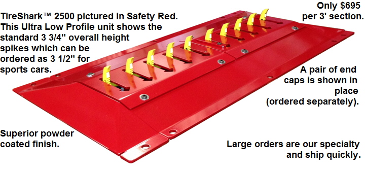 TireShark brand Traffic Spikes by TrafficSpikesUSA.com / Monsoon Mfg. LLC. One-way access control systems for road traffic, retractable tire poppers, Tiger Teeth, Cobra, Enforcer motorized spike strips for in-ground & surface installation, directional treadle systems for in-bound and out-bound pneumatic tires. Discount: apartment complex, shopping center, mall, airport, military base, factory and business to protect parking lot, employee, security, public access, commercial property. Contractors welcome.